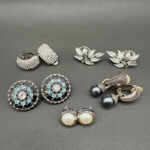 Vintage Clip On Earring Lot Silver Tone Blue Crystal Pearl Leaf Design